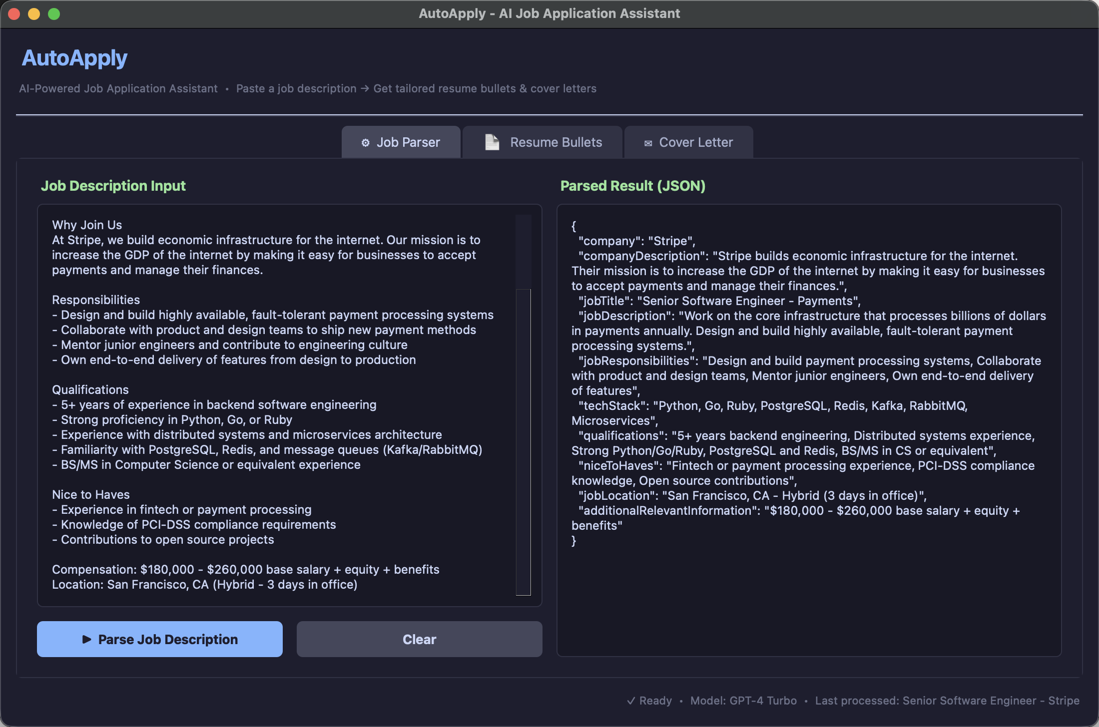 Job Parser — Stripe posting parsed into structured JSON