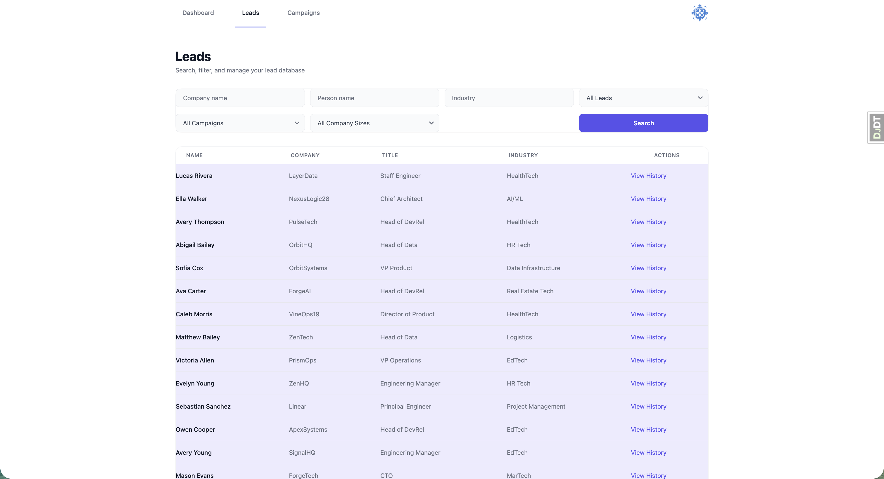 Lead database — Searchable and filterable