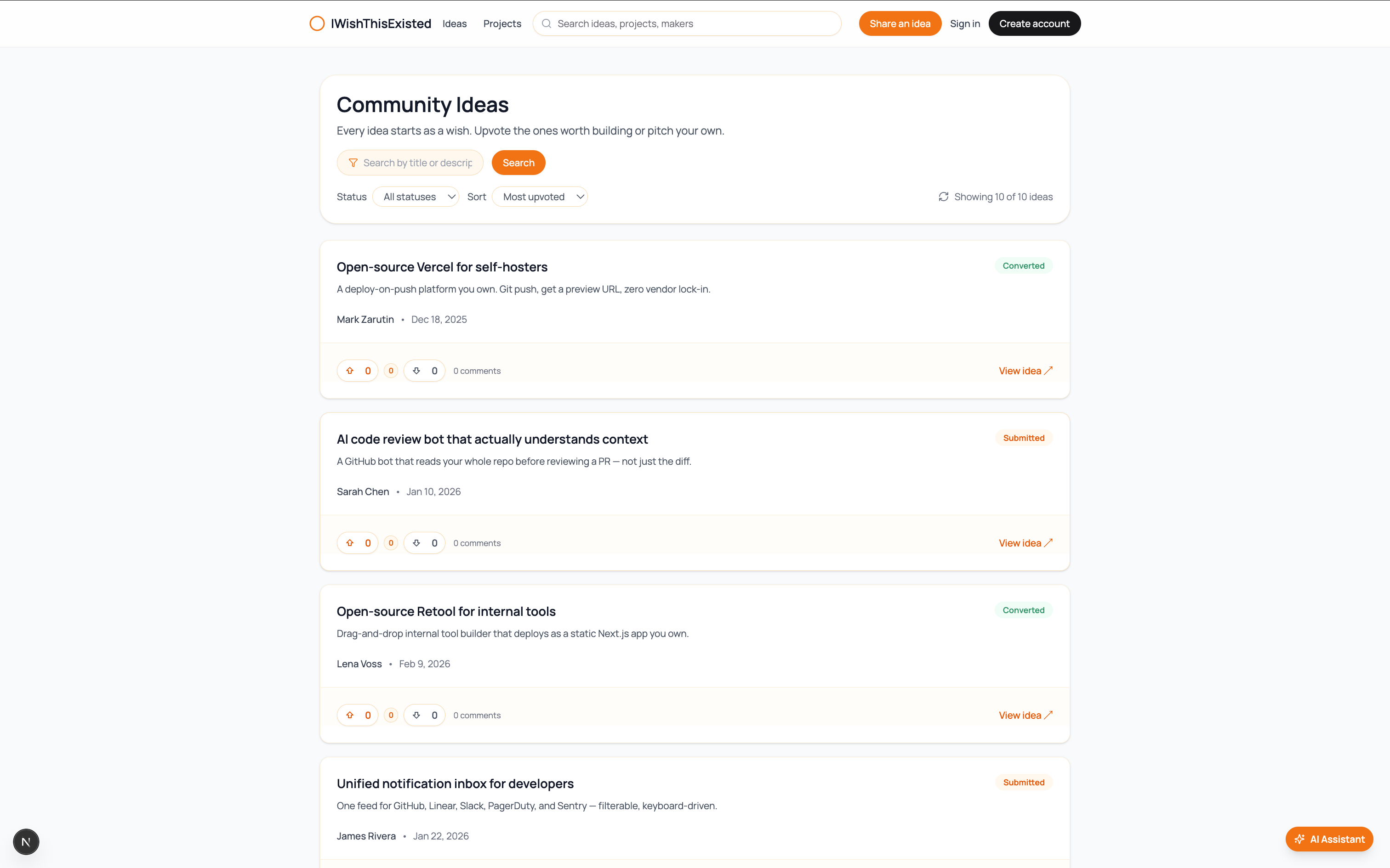 Idea Lab — Community-ranked pitches with voting