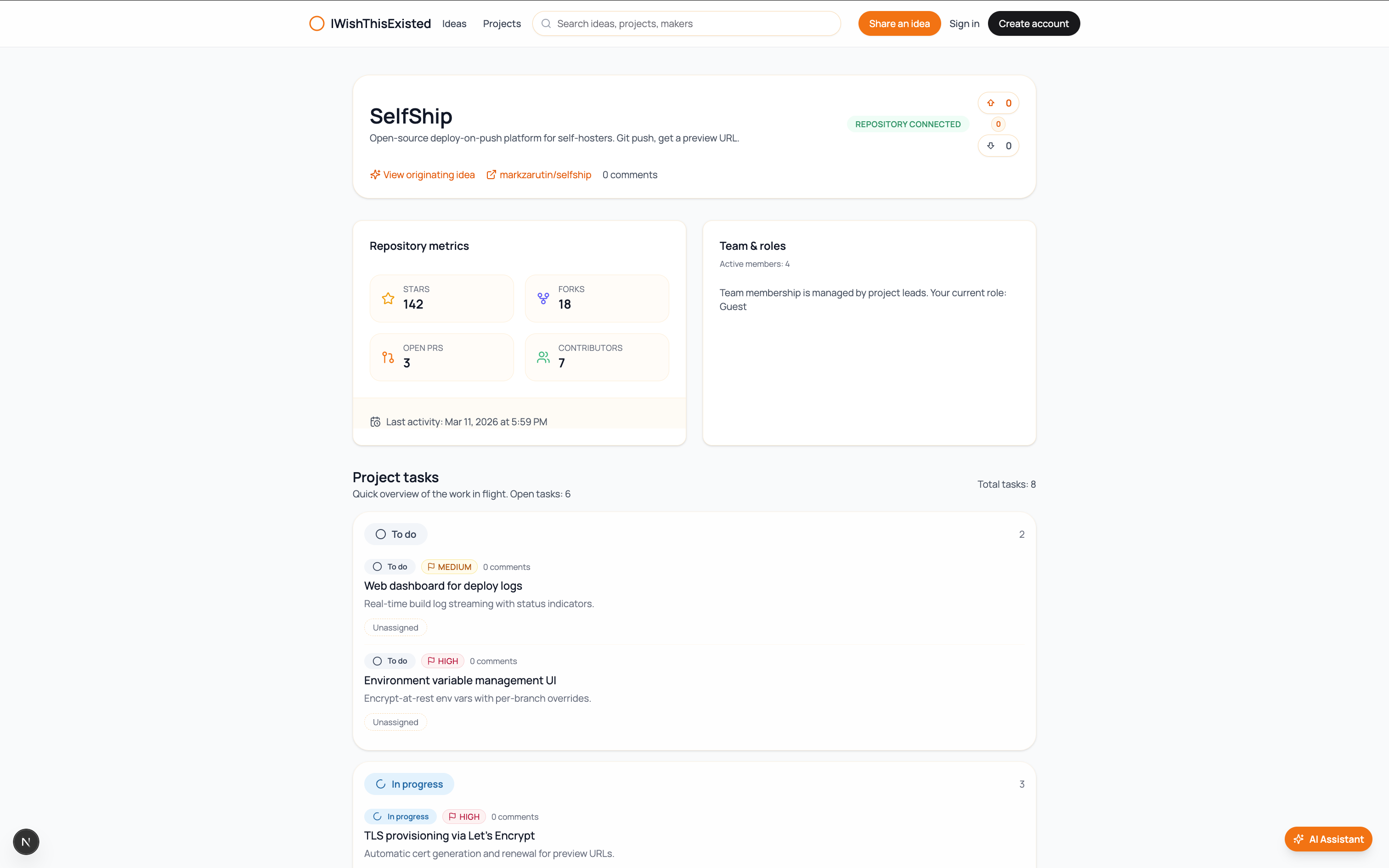Project workspace — Metrics, tasks, and activity