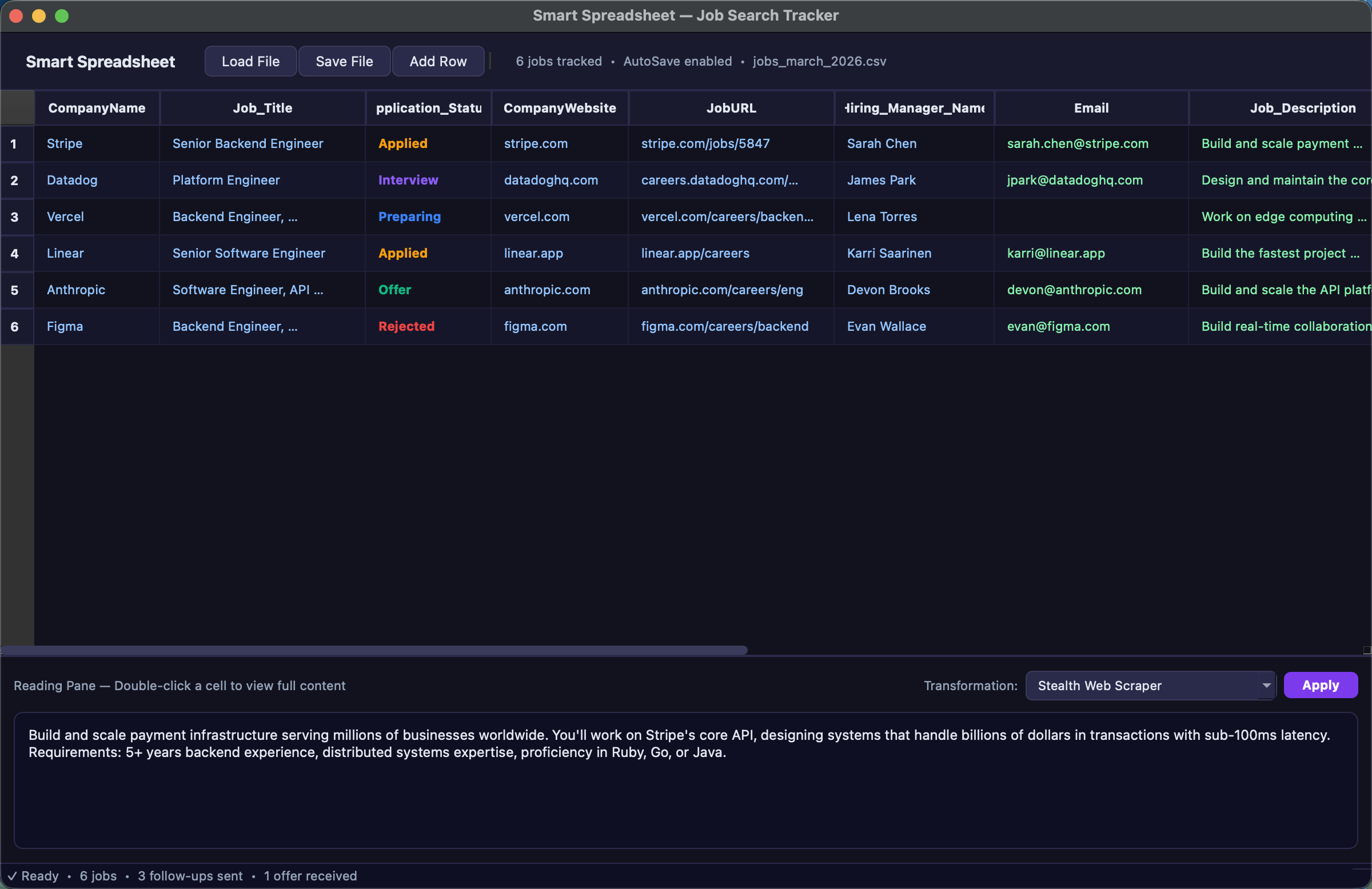 Main spreadsheet — Jobs with AI-powered transformations